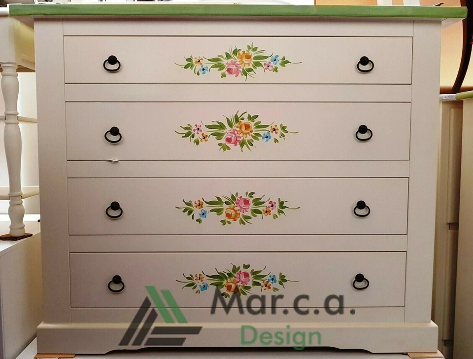 COMO' CASSETTIERA DECORATA FIORI SHABBY ARTE POVERA FIORATA - Immagine 2 di 2