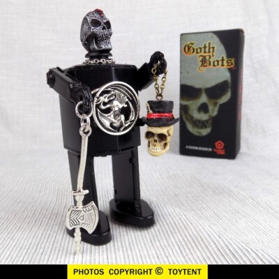 Goth Bot walking gothic skull head robot original creation silver axe, medallion