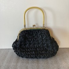 Vtg 60s Gaymode Woven Black Plastic Straw Purse Retro Hand Bag Footed Japan
