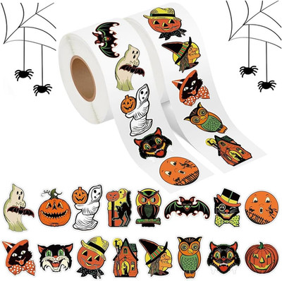 Halloween Stickers, 500 Pack, Vintage Pumpkin, Ghost, Owl, Bat, 1.2 Inch