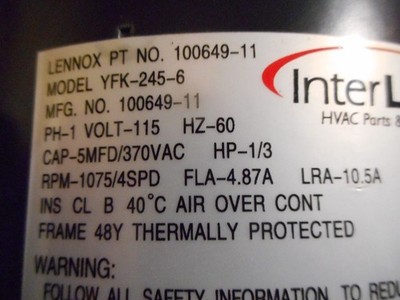 InterLink YFK-245-6 Condenser Fan Motor 115V 1/3HP 1075RPM/4SPD 100649-01