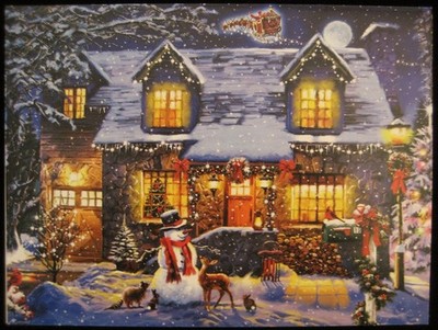 Vintage Christmas Greeting Card Lit Up Xmas Eve Home w Wildlife, Snowman & Santa