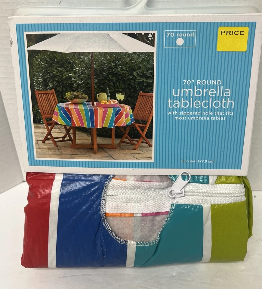 Umbrella Tablecloth Outdoor Indoor 70" Round Blue Green Striped W/ Zipper - Image 2 of 3