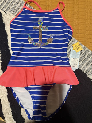 Cat & Jack Girls M (7/8) One Piece Swimsuit Blue/White Striped Anchor UPF 50+