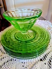 Anchor Hocking Green Depression Glass Block Optic 1 Sherbet & 7 Uranium Plates
