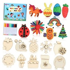 Worgree DIY Wooden Magnets, 36 pcs Wooden Art Craft Supplies Painting Kit for