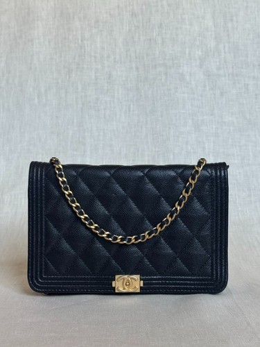 Authentic Chanel Black Caviar Boy Wallet-on-Chain (WOC) Gold Hardware with COA