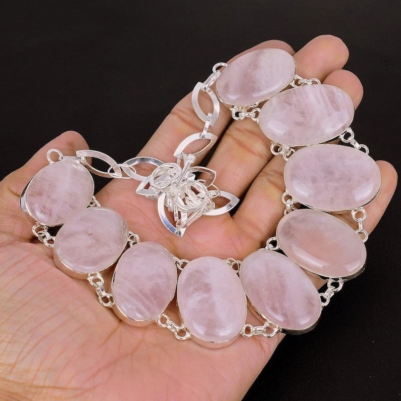 Collar de joyería de plata de ley 925 hecho a mano con piedras preciosas de cuarzo rosa de 18" Foto 4 de 4