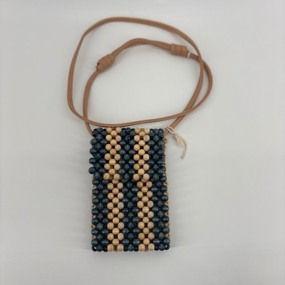 Universal Thread Wood Beaded Crossbody Phone Bag Blue Tan Striped NWOT
