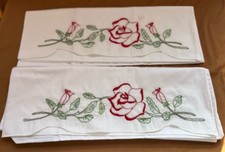 Hand Embroidered Red Roses Set of 2 Standard Bed Pillow Shams Never Used