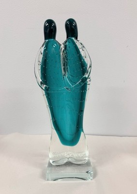 Art Glass LOVERS EMBRACE SCULPTURE Couple Controlled Bubbles Teal Crystal Clear
