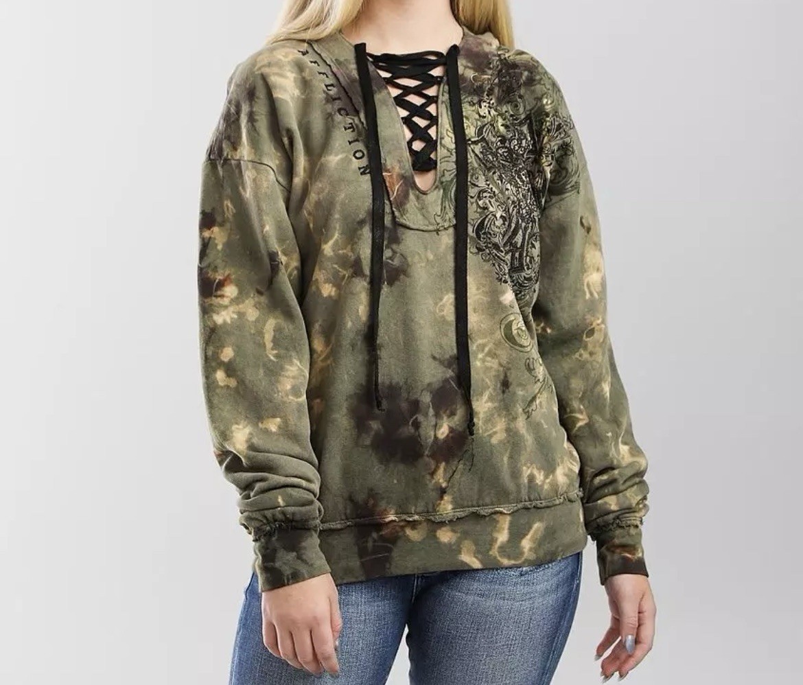 Affliction Donnington Olive Green Rhinestone Raw Hem Hooded Sweatshirt L