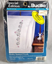 Bucilla Special Edition Stamped Pillowcase Pair Cross Stitch Hearts  Tulips Vtg