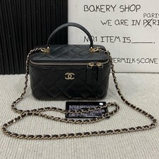 Chanel Vanity Case Small Lambskin Quilted Black Top Handle Bag Gold Chain AUTH