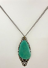 Antique Brass 1 3/8" x 3" Filigree Pendant with Floating Stone 18" Chain 29