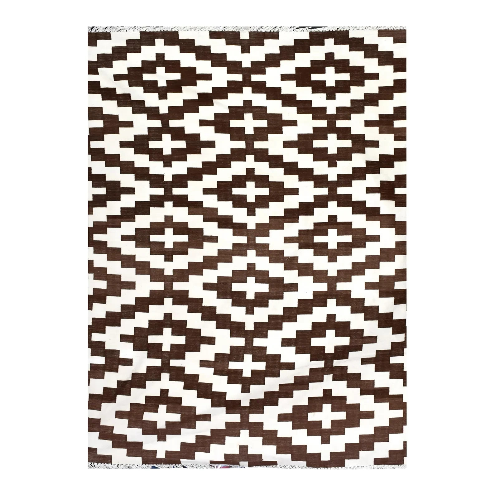 Handwoven Cotton Dhurrie Rug Color Brown and Whtie Handmade Design Carpet Rug