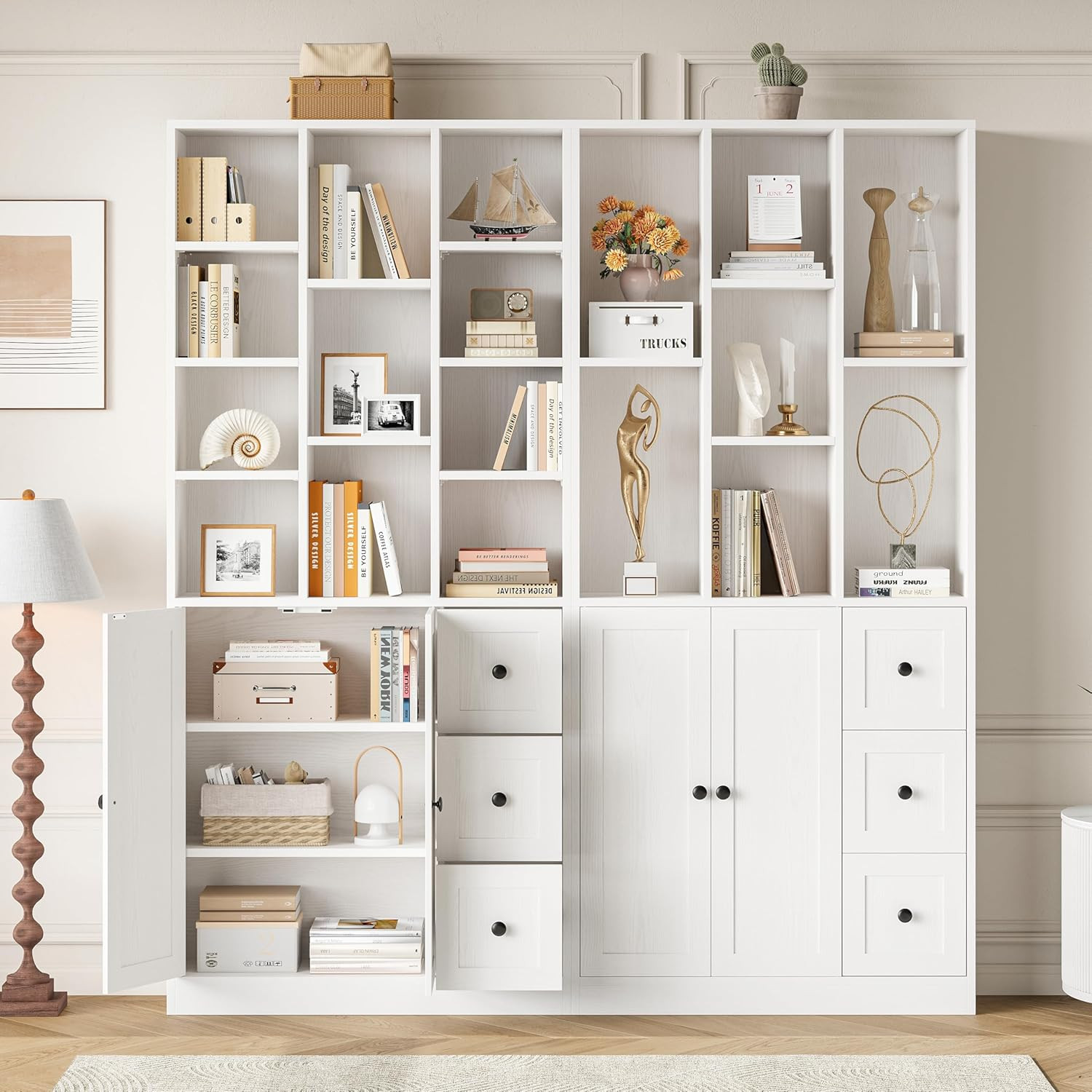 Bookshelf and Bookcase with Doors and Drawers, 71" Tall 7 Tier Bookshelf with Di