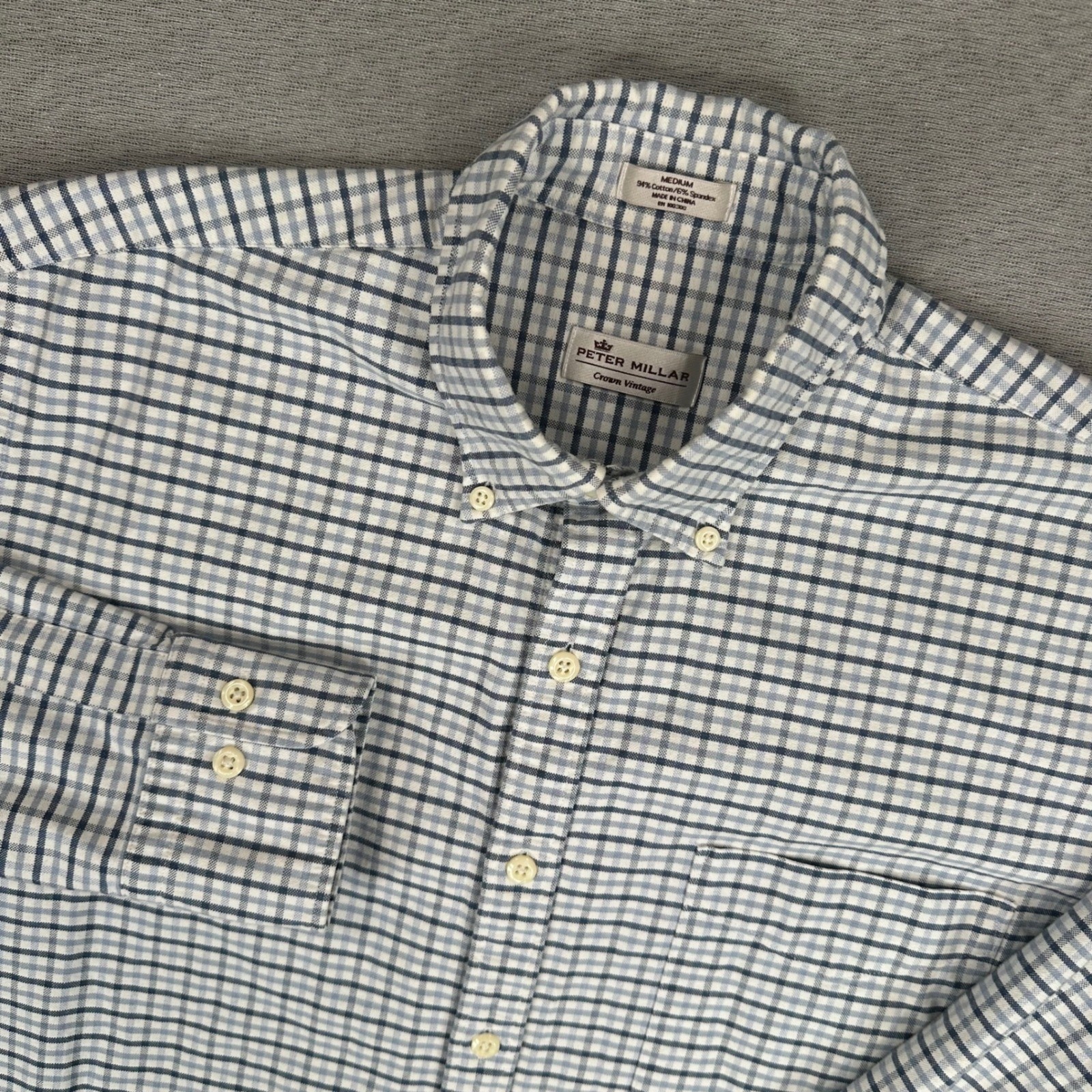 Peter Millar Crown Vintage Shirt Mens M Blue White Check Button Down Stretch