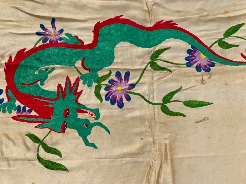 Tapiz antiguo chino bordado a mano panel dragón decoración seda colgante 3x6 pies Foto 3 de 4