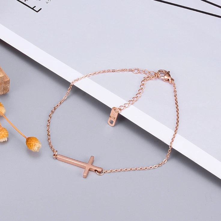 Pulsera de cadena de tobillo con pie de tobillera cruzada de acero inoxidable de oro rosa de 8+2" regalo PE49 Foto 4 de 4