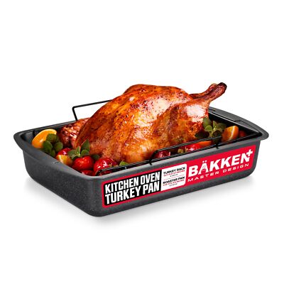 Nonstick Turkey Roasting Pan with Rack   17 X 13 inch, Large Heavy-Duty Carbon S