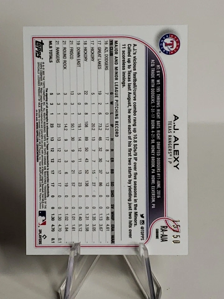A.J. Alexy 2022 Topps Chrome Rookie Autograph Gold Wave Refractor /50 Rangers RC - Image 3 of 4