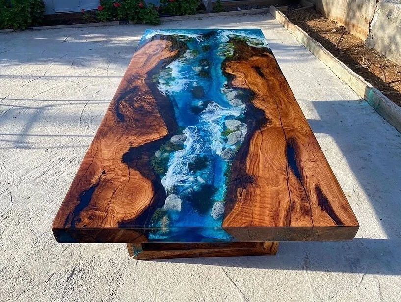 Custom Made Blue Epoxy Dining Table with Shells Resin River Coffee/Side Table - Image 4 of 4