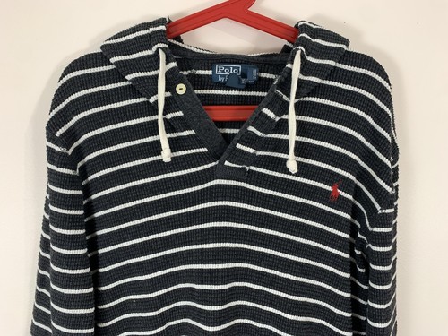 VTG Polo Ralph Lauren Hoodie Waffle Knit Men’s XL Gray White Stripe Pony 90s - Picture 2 of 9