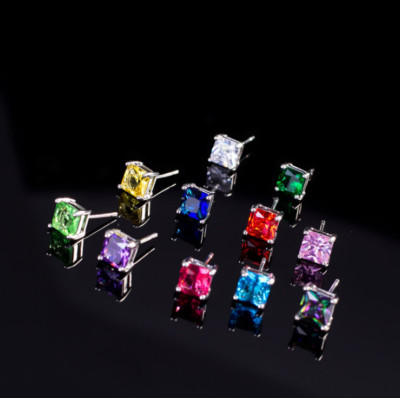 4/5/6/7/8mm Men Women Silver Tone Stud Square Cubic Zirconia Earrings PE23