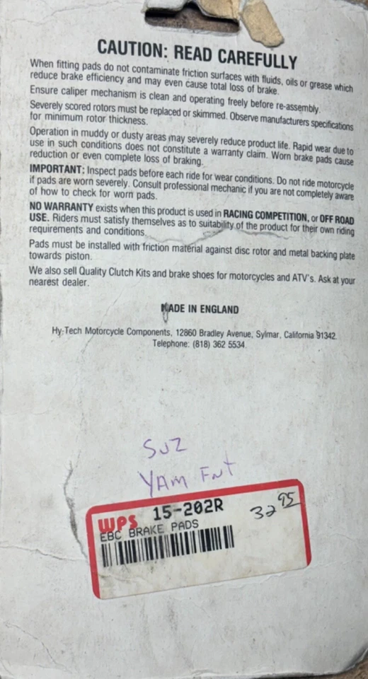 Pastillas de freno EBC 1994-1995 Suzuki RM250 1994-1997 Yamaha YZ125 YZ250 YZ 125 250 RM Foto 2 de 4