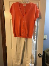 CALVIN KLEIN ORANGE SHORT SLEEVE BUTTON SWEATER (M) + WHITE JEANS SIZE 12 NEW
