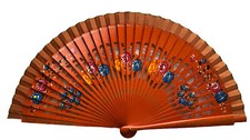 Vintage Handpainted Wooden Cut Out Floral Filigree Orange Hand Folding Fan