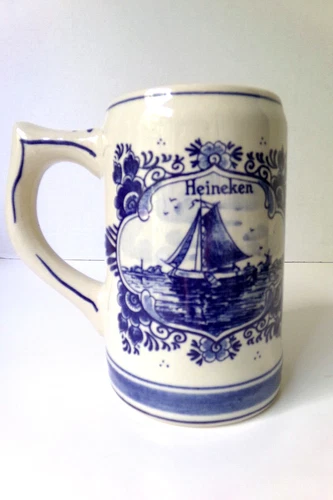 Vintage Blue Delft Heineken Ceramic Hand Painted Beer Stein Mug Holland 5.5"