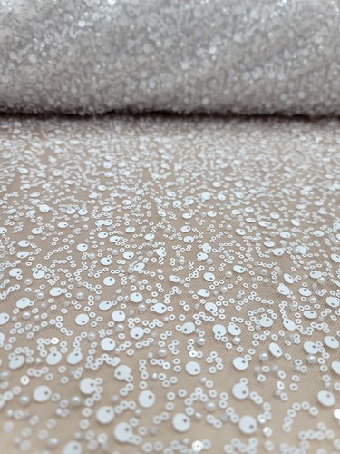 White Beaded Sequins Embroidery Bridal Stretch Lace Fabric By The Yard Wedding - Picture 9 of 13