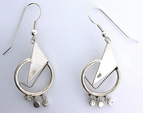 Abstract Triangle Circle Design Pure Sterling Silver Dangle Earrings EBS3416 - Picture 2 of 2