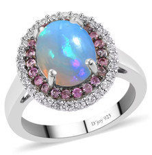 Ethiopian Welo Opal and Multi Gemstone Double Halo Ring in Platinum Over S S NEW