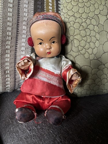 Composition Ming Ming Chinese Doll Vintage Pompoms & Braided Ponytail 1950s
