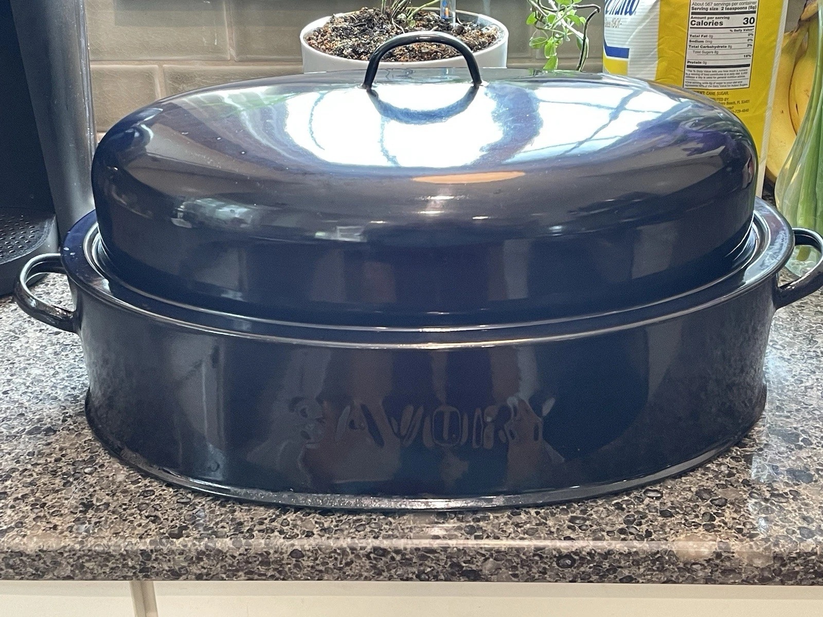 Vintage Savory Roaster Pan- Large Oval Double Wall Navy Blue Enamel 17.5 X 11