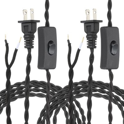 2 Pcs 6Ft 18/2 Twisted Cloth Lamp Cord with Button and Plug, Black