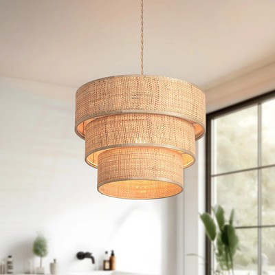 Boho Rattan Pendant Light Plug In Wicker Hanging Ceiling Chandelier Lamp