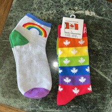 Lot of 2 NEW Rainbow Pride Socks Adult M/Lg  Gay Parade Novelty Footwear CANADA
