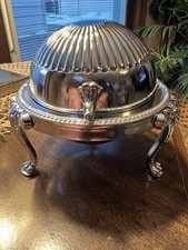 Caviar / Butter Roll Top Chrome Lion Feet Tray With Glass Insert   NEW