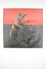 Quadro Dipinto Su Tela Cane E Gatto Su Sfondo Rosso Di Luigi Voltolina 50x50 Cm