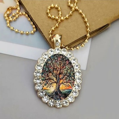 Lebensbaum bunt ovale Form Anhänger Halskette Herren Damen Schmuck Glück