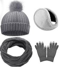 Womens 4 Piece Set Winter Knitted Beanie Hat Circle Scarf Gloves Earmuff Gray
