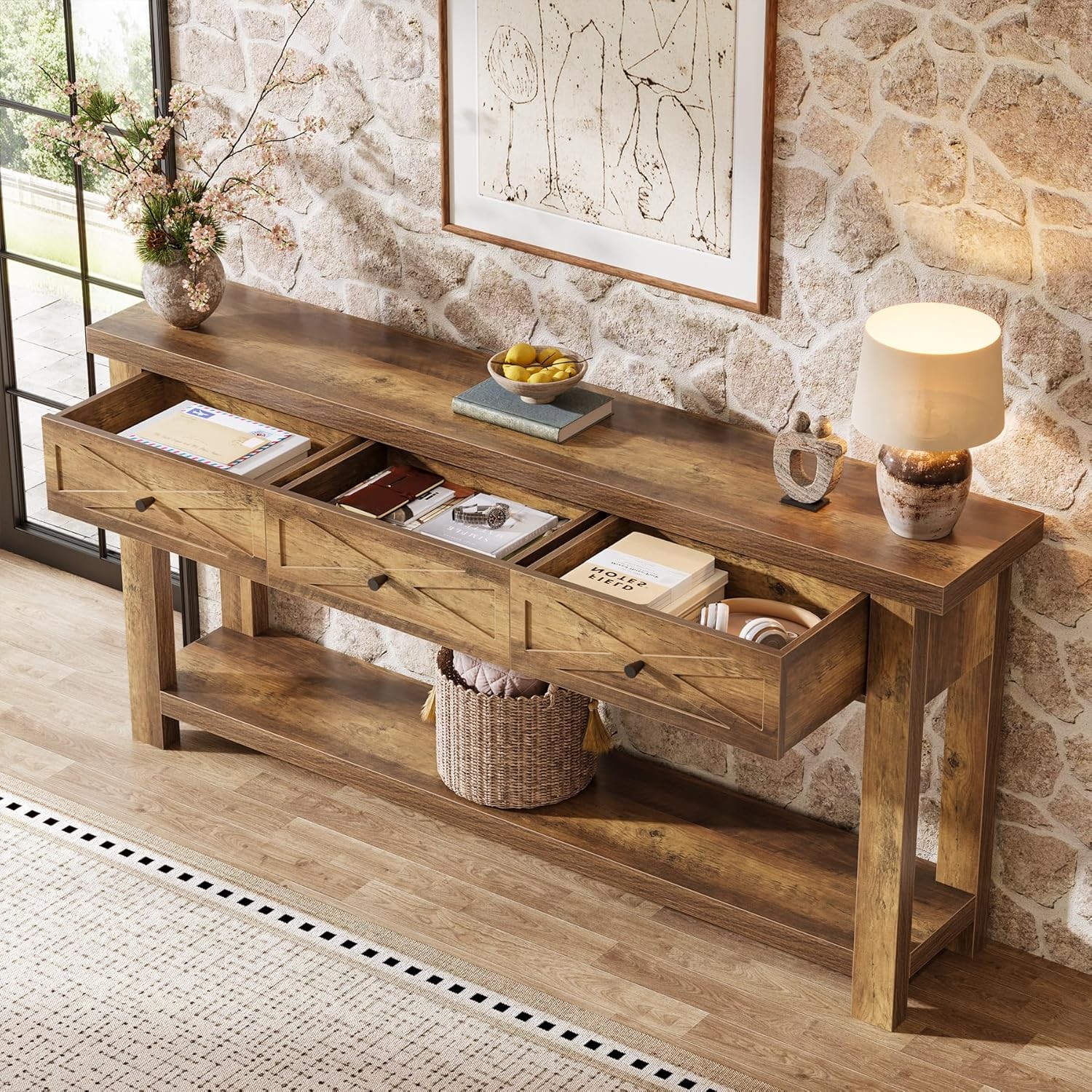 70.9” Extra Long Console Table Wooden Entryway Table with 3 Drawers for Hallway