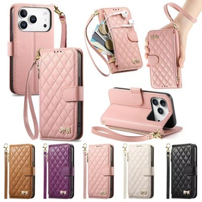 Wallet Lederhülle für iPhone 17e 16 15 14 Pro Max 13 XR Reißverschluss Band Flip Cover
