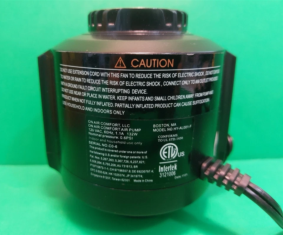 INTERTEK ON AIR COMFORT AIR PUMP MODEL HY-AL001-F - ELECTRIC MATTRESS INFLATOR - Изображение 4 из 4