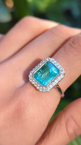 Emerald Cut 5.6ct Natural Colombian Emerald Diamond Halo Ring Platinum O / 7 - Video 1 of 1