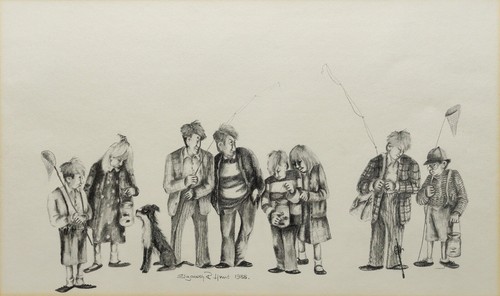 ELIZABETH R HUNT 1988 ORIGINAL NORTHERN ART PENCIL DRAWING, KIDS DAY OUT FISHING - Picture 2 of 24